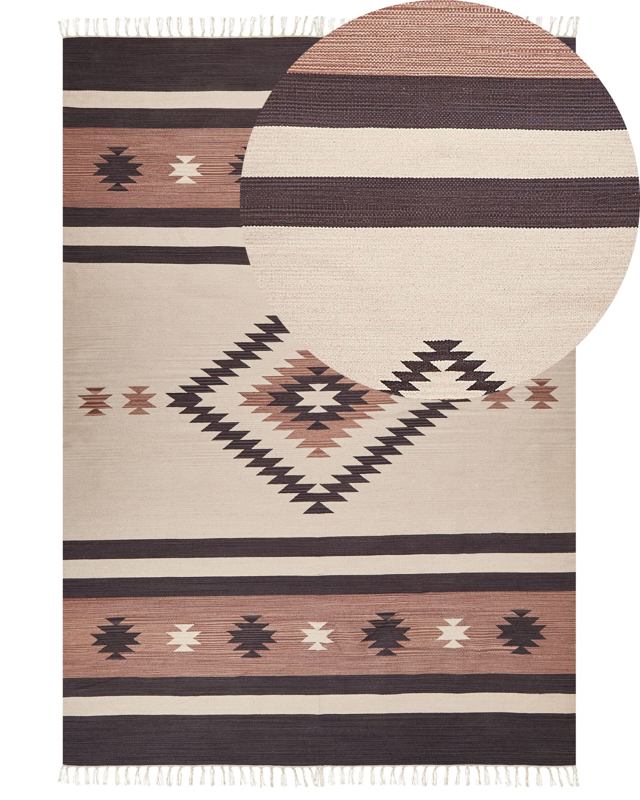 Klim Area Rug Beige and Brown Cotton 200 x 300 cm Cut Shuttle Handwoven Floor Wall Rug Geometric Reversible Pattern Tassels Beliani