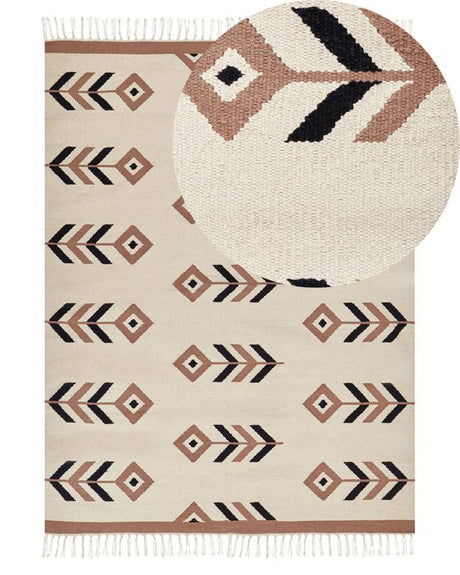 Kilim Area Rug Beige and Black Cotton 140 x 200 cm Low Pile Pattern Rectangular Reversible Modern Living Room Bedroom Beliani