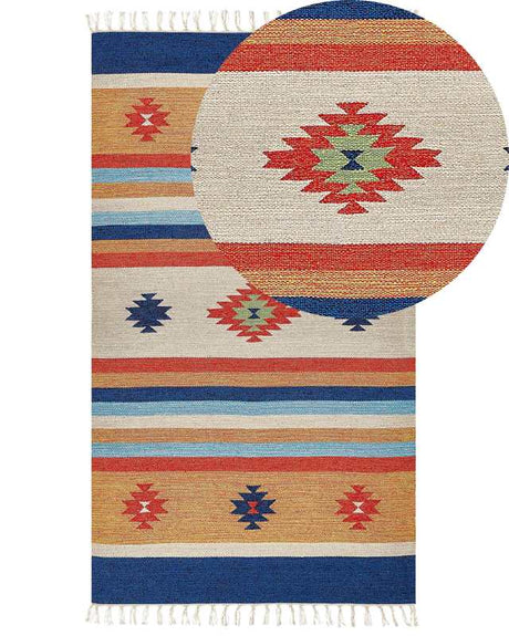 Kilim Area Rug Multicolour Cotton 80 x 150 cm Handwoven Reversible Flat Weave Geometric Pattern with Tassels Traditional Boho Living Room Bedroom Beliani