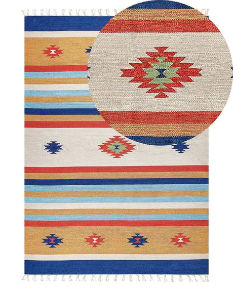 Kilim Area Rug Multicolour Cotton 140 x 200 cm Handwoven Reversible Flat Weave Geometric Pattern with Tassels Traditional Boho Living Room Bedroom Beliani