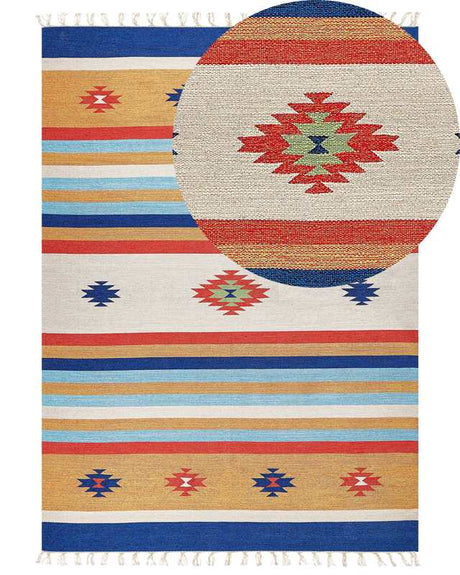 Kilim Area Rug Multicolour Cotton 200 x 300 cm Handwoven Reversible Flat Weave Geometric Pattern with Tassels Traditional Boho Living Room Bedroom Beliani