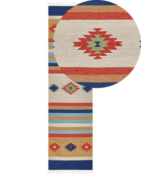 Kilim Area Rug Multicolour Cotton 80 x 300 cm Handwoven Reversible Flat Weave Geometric Pattern with Tassels Traditional Boho Living Room Bedroom Beliani