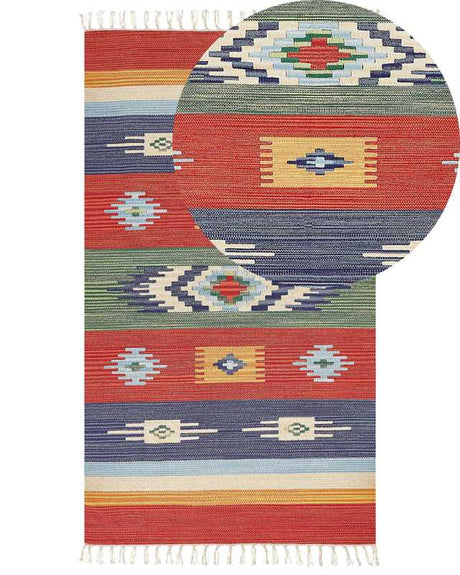 Kilim Area Rug Multicolour Cotton 80 x 150 cm Handwoven Reversible Flat Weave Geometric Pattern with Tassels Traditional Boho Living Room Bedroom Beliani