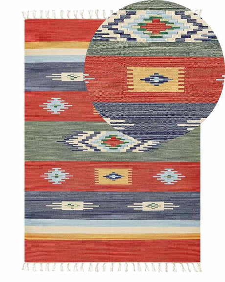 Kilim Area Rug Multicolour Cotton 140 x 200 cm Handwoven Reversible Flat Weave Geometric Pattern with Tassels Traditional Boho Living Room Bedroom Beliani