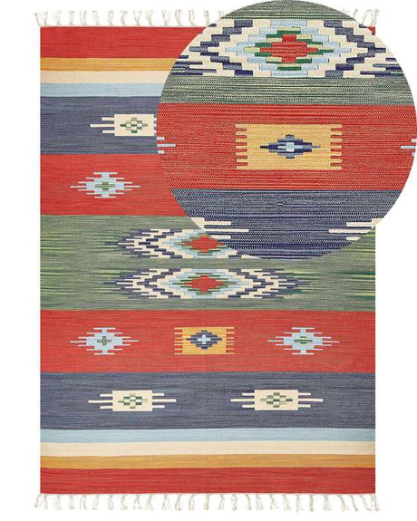 Kilim Area Rug Multicolour Cotton 200 x 300 cm Handwoven Reversible Flat Weave Geometric Pattern with Tassels Traditional Boho Living Room Bedroom Beliani