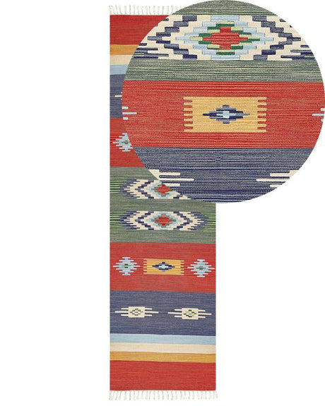 Kilim Area Rug Multicolour Cotton 80 x 300 cm Handwoven Reversible Flat Weave Geometric Pattern with Tassels Traditional Boho Living Room Bedroom Beliani