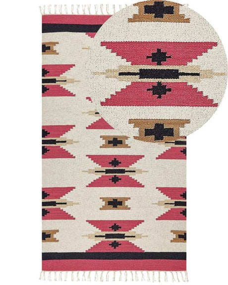 Kilim Area Rug Multicolour Cotton 80 x 150 cm Handwoven Reversible Flat Weave Geometric Pattern with Tassels Traditional Boho Living Room Bedroom Beliani