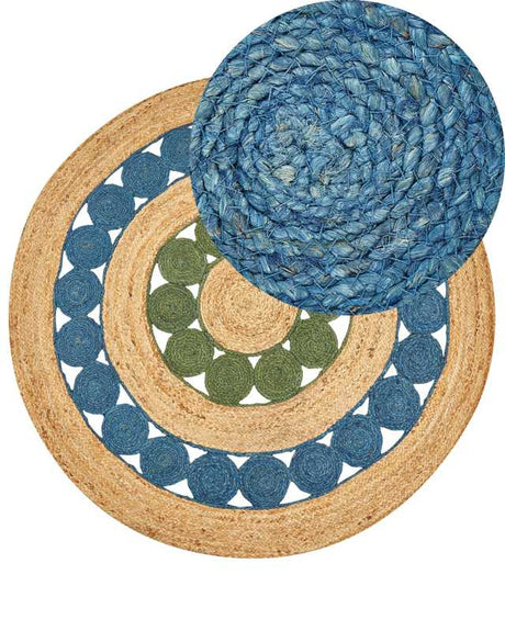 Area Rug Blue and Green Round 140 cm Boho Rustic Spiral Braided Plaited Handmade Natural Jute Bedroom Living Room Beliani