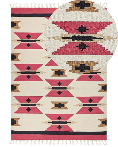 Kilim Area Rug Multicolour Cotton 200 x 300 cm Handwoven Reversible Flat Weave Geometric Pattern with Tassels Traditional Boho Living Room Bedroom Beliani