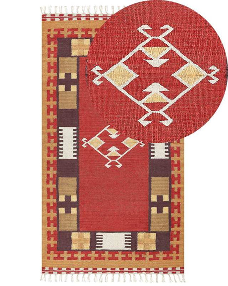 Kilim Area Rug Multicolour Cotton 80 x 150 cm Handwoven Reversible Flat Weave Geometric Pattern with Tassels Traditional Boho Living Room Bedroom Beliani