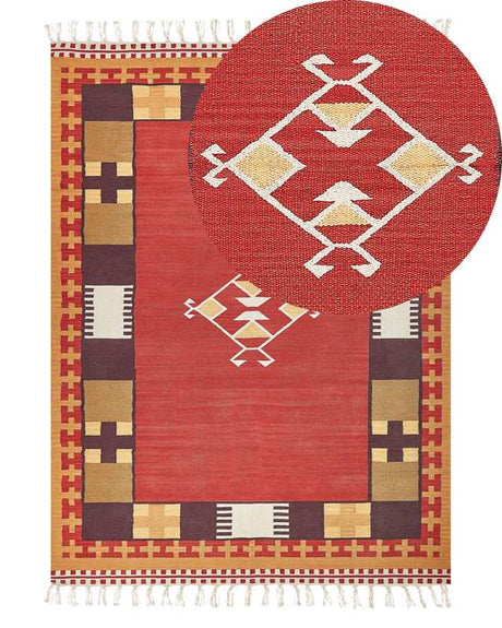 Kilim Area Rug Multicolour Cotton 140 x 200 cm Handwoven Reversible Flat Weave Geometric Pattern with Tassels Traditional Boho Living Room Bedroom Beliani