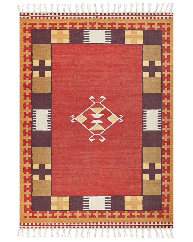 Kilim Area Rug Multicolour Cotton 200 x 300 cm Handwoven Reversible Flat Weave Geometric Pattern with Tassels Traditional Boho Living Room Bedroom Beliani