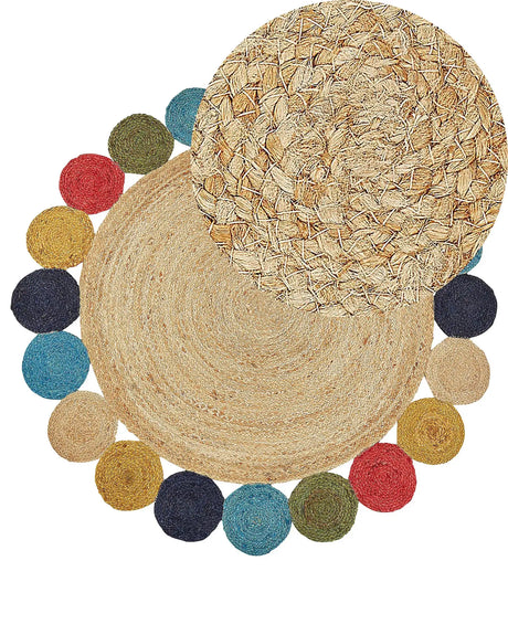 Area Rug Natural Jute Multicolour Round Country Living Room  140 cm Beliani