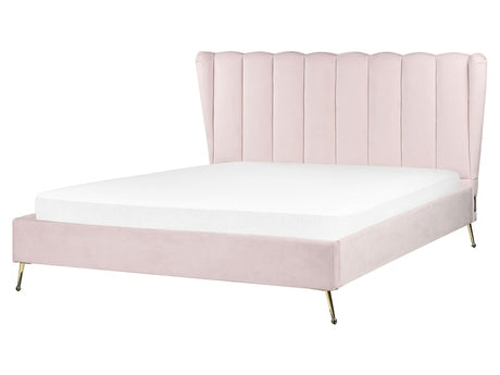 Bed Frame Pink Velvet Upholstery Golden Metal Legs EU King Size 5ft3 with USB Port Headboard Modern Glam Bedroom Beliani