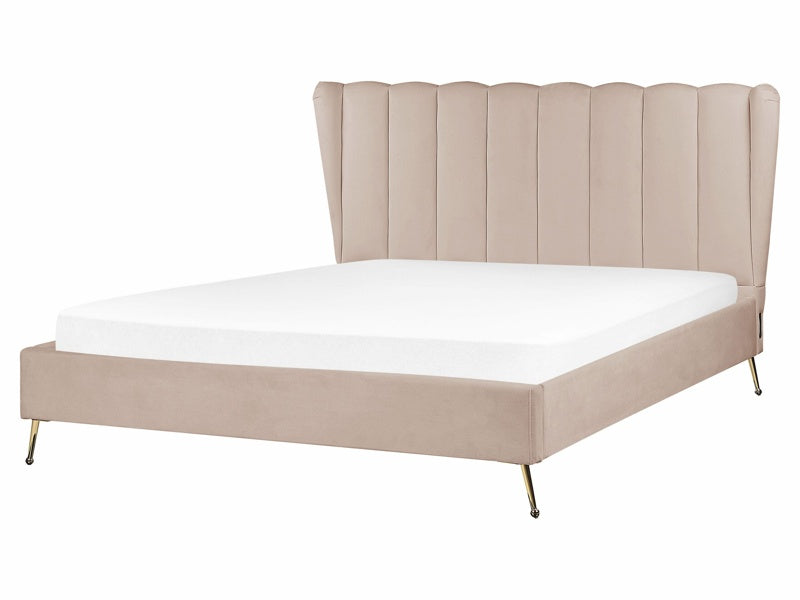 Bed Frame Taupe Velvet Upholstery Golden Metal Legs EU King Size 5ft3 with USB Port Headboard Modern Glam Bedroom Beliani