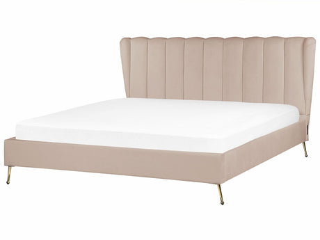 Bed Frame Taupe Velvet Upholstery Golden Metal Legs EU Super King Size 6ft with USB Port Headboard Modern Glam Bedroom Beliani