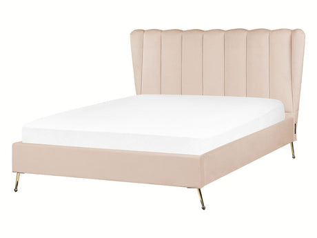 Bed Frame Beige Velvet Upholstery Golden Metal Legs EU Double Size 4ft6 with USB Port Headboard Modern Glam Bedroom Beliani