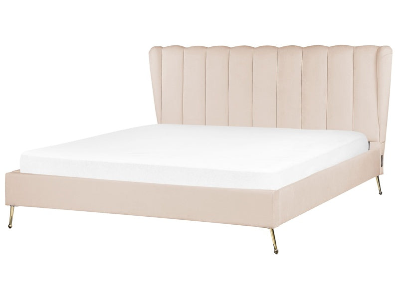 Bed Frame Beige Velvet Upholstery Golden Metal Legs EU Super King Size 6ft with USB Port Headboard Modern Glam Bedroom Beliani