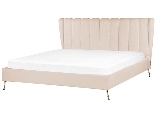 Bed Frame Beige Velvet Upholstery Golden Metal Legs EU Super King Size 6ft with USB Port Headboard Modern Glam Bedroom Beliani