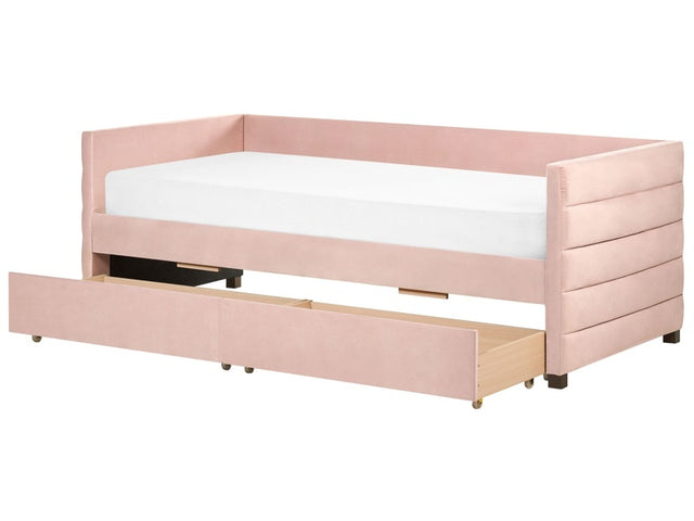 Daybed Pink Velvet EU Single Size 90 x 200 cm With Slatted Frame and Drawers Beliani