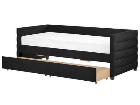 Daybed Black Velvet EU Single Size 90 x 200 cm With Slatted Frame and Drawers Beliani