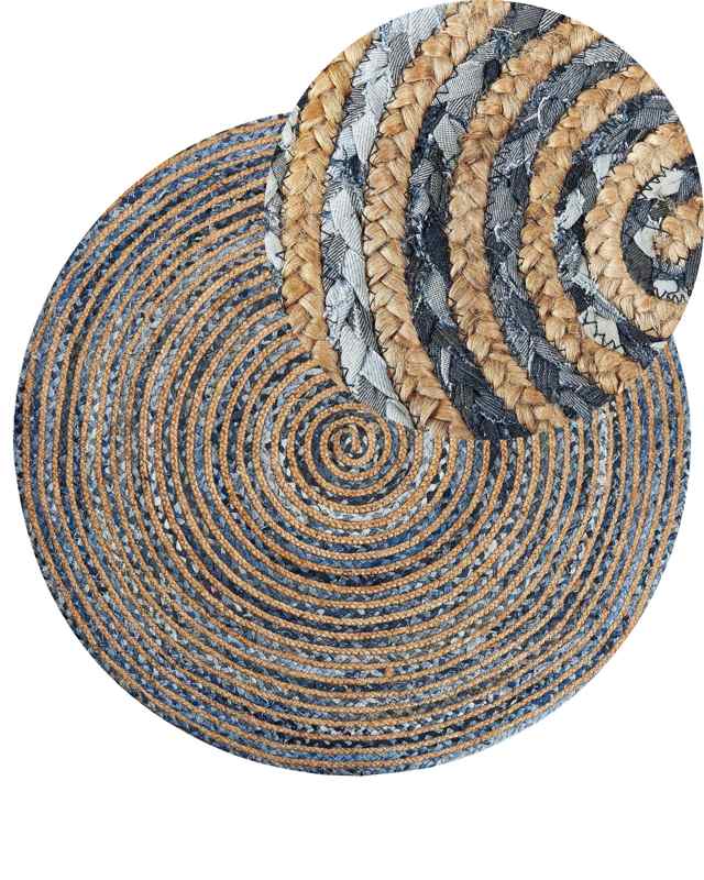 Area Rug Blue with Beige Recycled Cotton Jute Round 140 cm Boho Handcrafted Living Room Bedroom Beliani