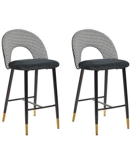 Set of 2 Bar Chairs Black and White Velvet Black Steel Retro Design Golden Ends Dining Room Beliani