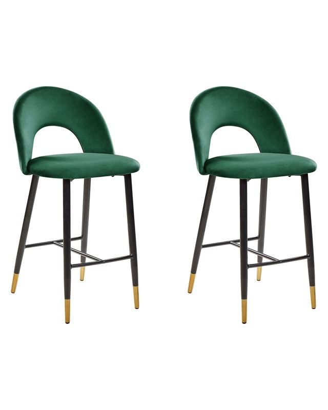 Set of 2 Bar Chairs Emerald Green Velvet Black Steel Retro Design Golden Ends Dining Room Beliani