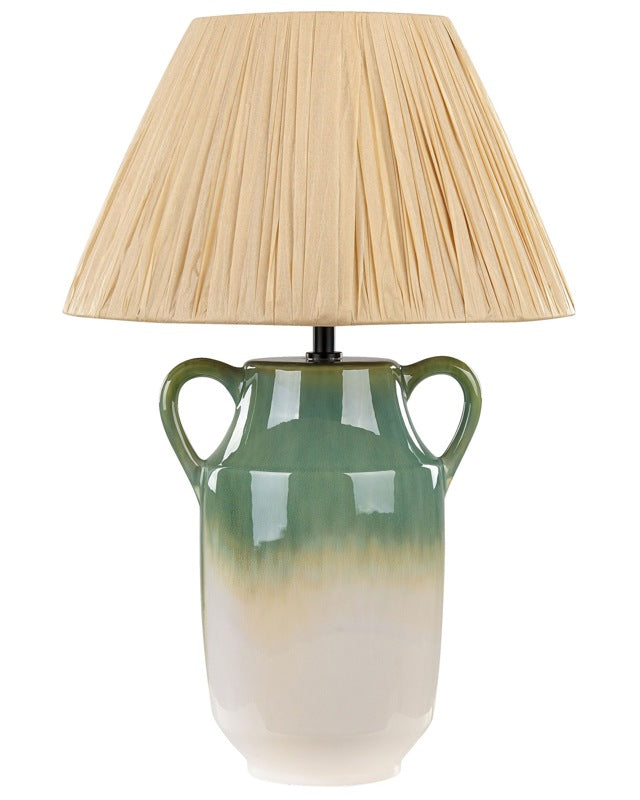 Table Lamp Green and White Ceramic 53 cm Natural Paper Cone Shade Bedside Living Room Bedroom Lighting Beliani