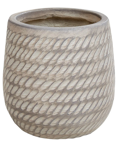 Plant Pot Beige Taupe Fibre Clay  19 cm Round Outdoor Flower Pot Embossed Pattern Beliani