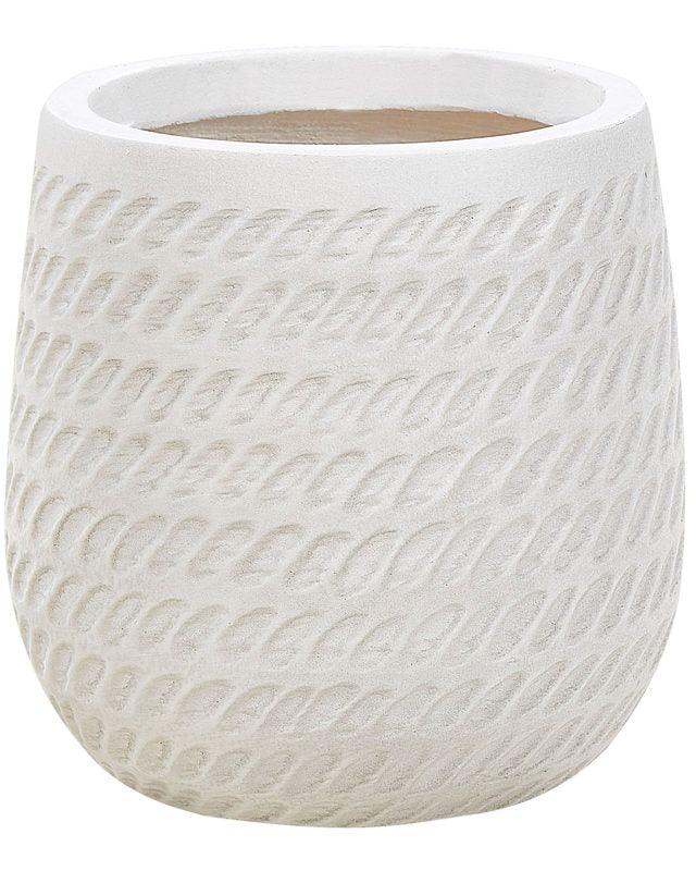 Plant Pot Off-White Fibre Clay ⌀ 19 cm Round Outdoor Flower Pot Embossed Pattern Beliani