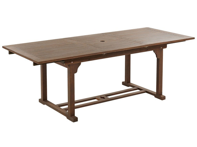 Outdoor Dining Table Dark Natural Solid Acacia Wood 160/220 x 90 cm Extendable Top Rustic Traditional Design Beliani