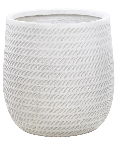 Plant Pot Off-White Fibre Clay  39 cm Round Outdoor Flower Pot Embossed Pattern Beliani