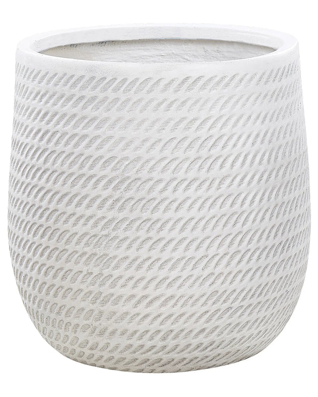 Plant Pot Off-White Fibre Clay  39 cm Round Outdoor Flower Pot Embossed Pattern Beliani