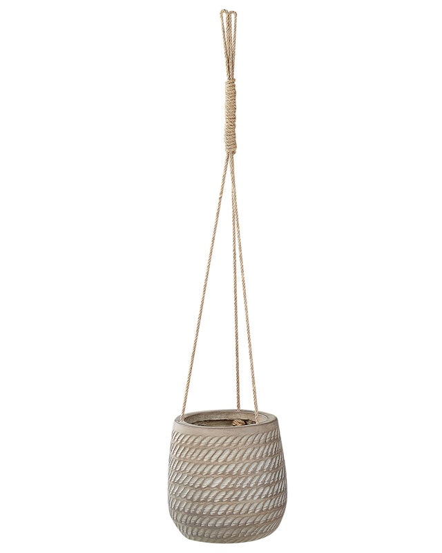 Hanging Plant Pot Taupe Fibre Clay ⌀ 20 cm Round Jute String Flower Pot Embossed Pattern Beliani