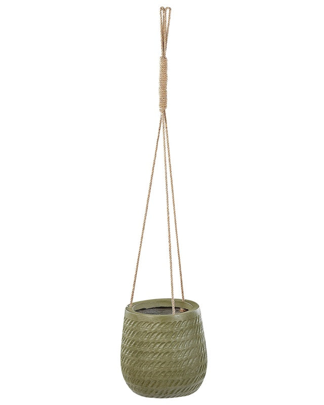 Hanging Plant Pot Green Fibre Clay ⌀ 20 cm Round Jute String Flower Pot Embossed Pattern Beliani