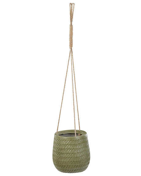 Hanging Plant Pot Green Fibre Clay  20 cm Round Jute String Flower Pot Embossed Pattern Beliani