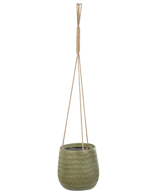 Hanging Plant Pot Green Fibre Clay  20 cm Round Jute String Flower Pot Embossed Pattern Beliani