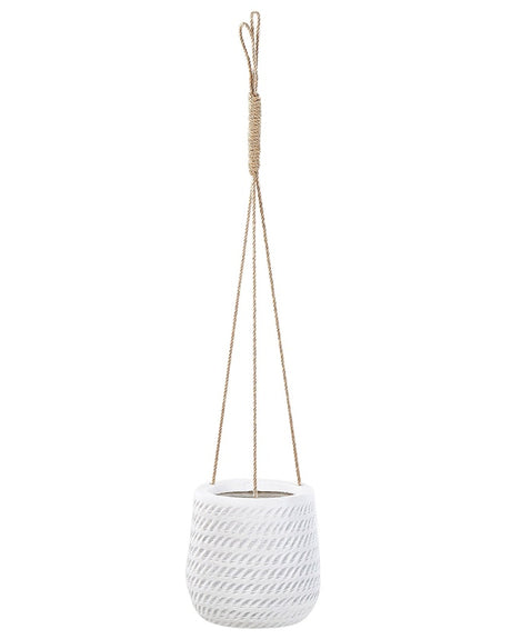 Hanging Plant Pot Off-White Fibre Clay ⌀ 20 cm Round Jute String Flower Pot Embossed Pattern Beliani