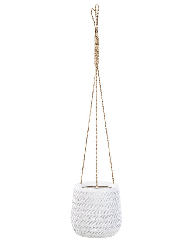 Hanging Plant Pot Off-White Fibre Clay ⌀ 20 cm Round Jute String Flower Pot Embossed Pattern Beliani