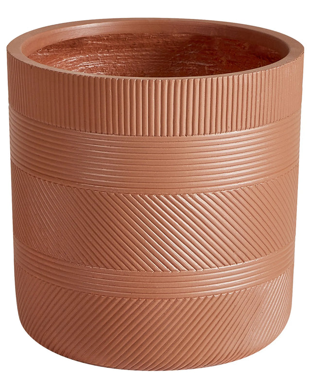 Plant Pot Brown Fibre Clay  31 cm Round Outdoor Flower Pot Embossed Pattern Beliani