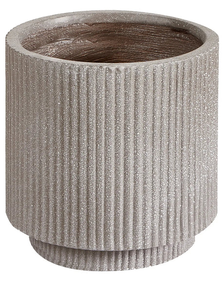 Flower Planter Taupe Fibre Clay Garden Plant Pot 24 x 24 x 24 cm Drainage Hole Vertical Rib Finish Outdoor Patio Garden Beliani