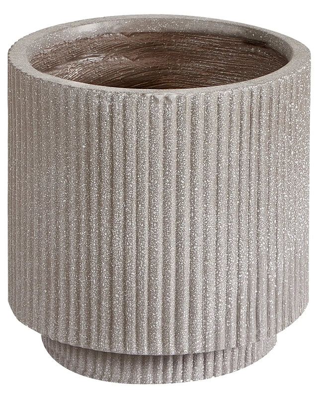 Flower Planter Taupe Fibre Clay Garden Plant Pot 24 x 24 x 24 cm Drainage Hole Vertical Rib Finish Outdoor Patio Garden Beliani
