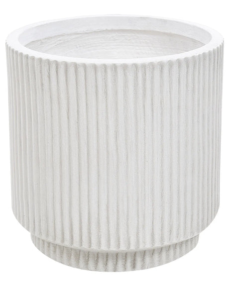 Flower Planter White Fibre Clay Garden Plant Pot 24 x 24 x 24 cm Drainage Hole Vertical Rib Finish Outdoor Patio Garden Beliani