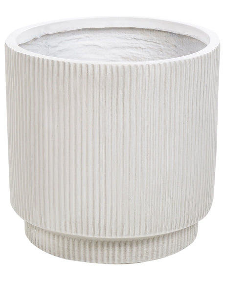 Flower Planter White Fibre Clay Garden Plant Pot 37 x 37 x 37 cm Drainage Hole Vertical Rib Finish Outdoor Patio Garden Beliani