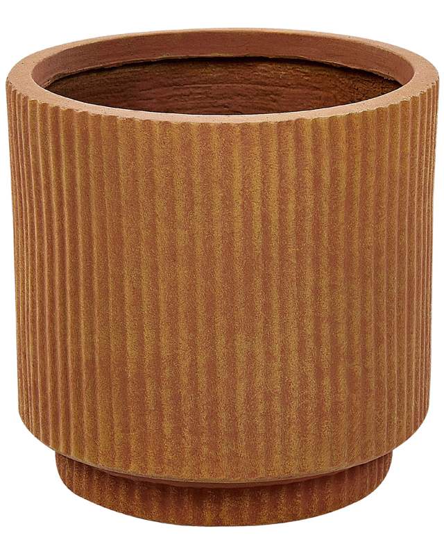 Flower Planter Golden Brown Fibre Clay Garden Plant Pot 24 x 24 x 24 cm Drainage Hole Vertical Rib Finish Outdoor Patio Garden Beliani