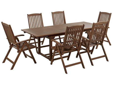 Garden Dining Set Dark Solid Acacia Wood Extending Table 6 Chairs Adjustable Backrest Folding Rustic Style Beliani