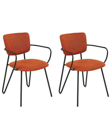 Set of 2 Dining Chairs Orange Polyester Structural Fabric Upholstery Black Metal Legs Armless Curved Backrest Modern Contemporary Design Beliani