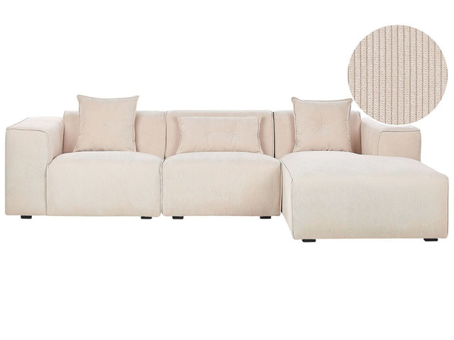 Corner Sofa Beige Corduroy 3 Seater Left Hand Extra Scatter Cushions Modern Living Room Beliani