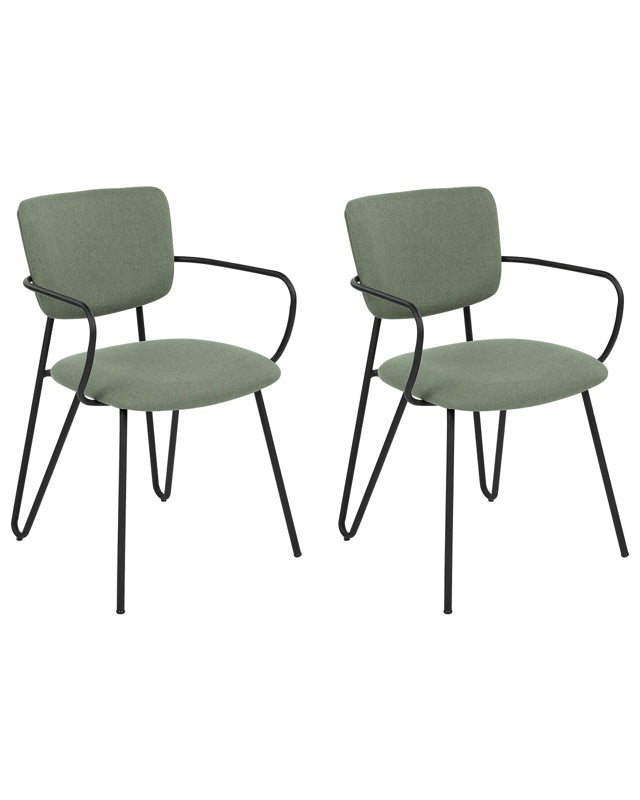 Set of 2 Dining Chairs Dark Green Polyester Structural Fabric Upholstery Black Metal Legs Armless Curved Backrest Modern Contemporary Design Beliani